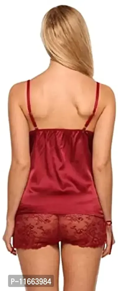 Cotovia Women's Satin Embellished Babydoll Nightwear Lingerie Set Pack of 1 (Free Size, Maroon)-thumb2