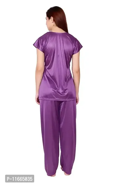 Cotovia Women's Satin Plain/Solid Top and Pyjama Set Pack of 1 (Free Size, Purple)-thumb4