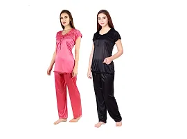 Cotovia Stylish Satin Women?s Latest Free Size Top and Pajama Set Night Dress for Women/Girls Combo (Pack of 2) (Black & Pink)-thumb1