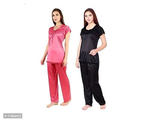 Cotovia Stylish Satin Women?s Latest Free Size Top and Pajama Set Night Dress for Women/Girls Combo (Pack of 2) (Black & Pink)-thumb2