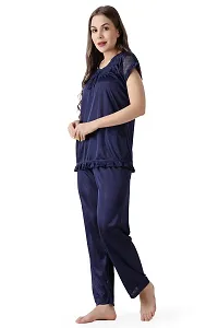 Cotovia Women's Plain Satin Night Suit (Top and Pyjama) (Medium, Navy Blue)-thumb2