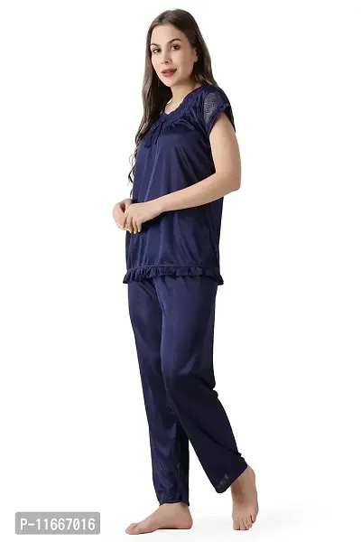 Cotovia Women's Plain Satin Night Suit (Top and Pyjama) (Medium, Navy Blue)-thumb3