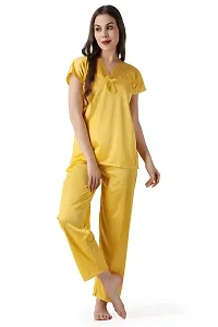 Cotovia Women's Plain Satin Night Suit (Top and Pyjama) (Medium, Yellow)-thumb2