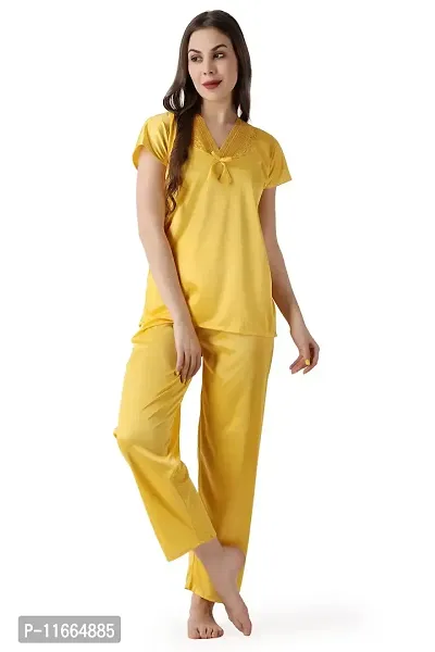 Cotovia Women's Plain Satin Night Suit (Top and Pyjama) (Medium, Yellow)-thumb3