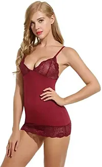 Cotovia Women's Lace & Polyamide Spandex Floral Above Knee Baby Doll (Free Size, Maroon)-thumb2