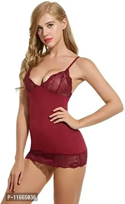 Cotovia Women's Lace & Polyamide Spandex Floral Above Knee Baby Doll (Free Size, Maroon)-thumb3