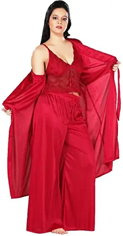 Cotovia Women's Satin Top & Pajama Night Robe & Night Slip Red