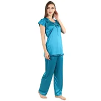 Cotovia Stylish Satin Solid Top and Pajama Set for Women and Girls (Free Size, Light Blue)-thumb4