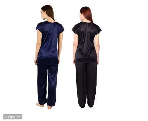 Cotovia Women's Satin Solid Pajama Set Pack Of 2 (C-PS-COMBO_Black & Dark Blue_Free Size)-thumb3