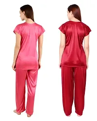 Cotovia Women's Satin Night Suit Combo Set (Large, Pink and Maroon)-thumb1