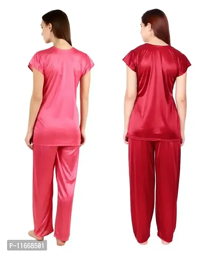 Cotovia Women's Satin Night Suit Combo Set (Large, Pink and Maroon)-thumb2