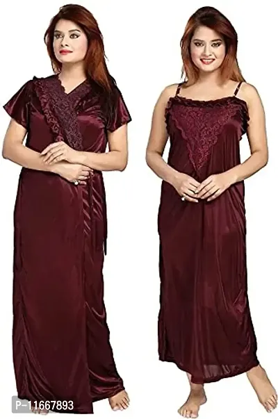 Cotovia Women's Satin Solid Nightwear Set Pack of 2 (BUF-NIGHTY-325_Magenta_Free Size) (Free Size, Maroon)
