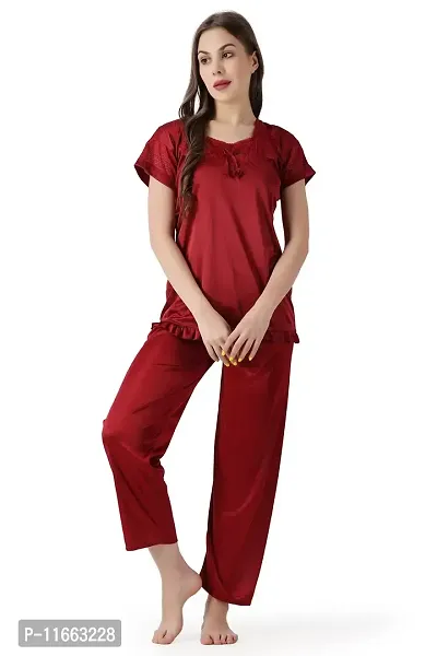 Cotovia Women's Plain Satin Night Suit (Top and Pyjama) (L, Maroon)