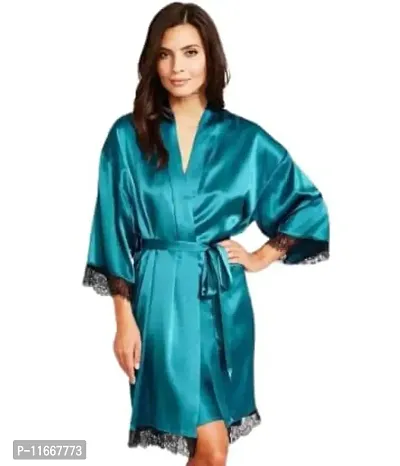 Cotovia Women Satin Kimono Robe V-Neck Nightwear for Women with Lace Design for Female (Free Size, Blue)-thumb0