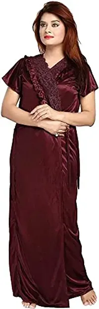 Cotovia Women's Satin Solid Nightwear Set Pack of 2 (BUF-NIGHTY-325_Magenta_Free Size) (Free Size, Maroon)-thumb2