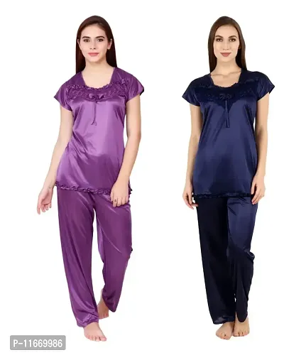 Cotovia Women's Satin Night Suit Combo Set (Free Size, Purple and Blue)