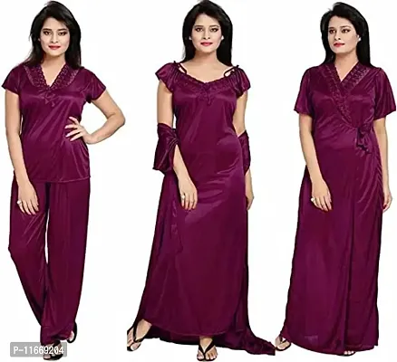 Cotovia Women's Satin Plain/Solid Nightwear Set Pack of 4 (Free Size, Vine)-thumb0