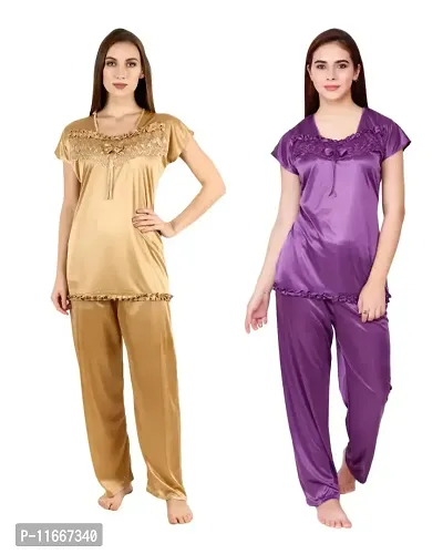 Cotovia Women's Satin Night Suit Combo Set (Free Size, Golden and Purple)