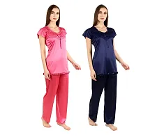 Cotovia Stylish Satin Women?s Latest Free Size Top and Pajama Set Night Dress for Women/Girls Combo (Pack of 2) (Pink & Blue)-thumb1