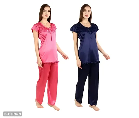 Cotovia Stylish Satin Women?s Latest Free Size Top and Pajama Set Night Dress for Women/Girls Combo (Pack of 2) (Pink & Blue)-thumb2