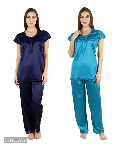 Cotovia Women's Satin Night Suit Combo Set (Free Size, Blue and Light Blue)