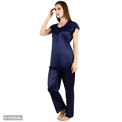 Cotovia Stylish Satin Solid Top and Pajama Set for Women and Girls (Free Size, Blue)-thumb0