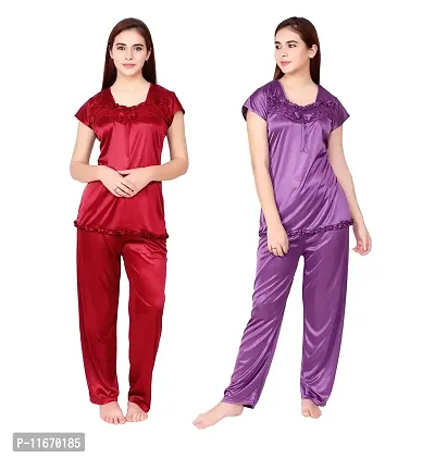 Cotovia Women's Satin Solid Pajama Set Pack Of 2 (C-PS-COMBO_Purple & Maroon_Free Size)-thumb0