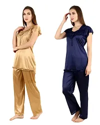 Cotovia Women's Satin Plain/Solid Night Suit Set Pack of 2 Combo Set (Medium, Blue and Golden)-thumb2