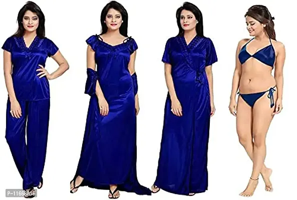 Cotovia Girl's Satin Solid Nightwear Set Pack of 4 (Free Size, Royale Blue)