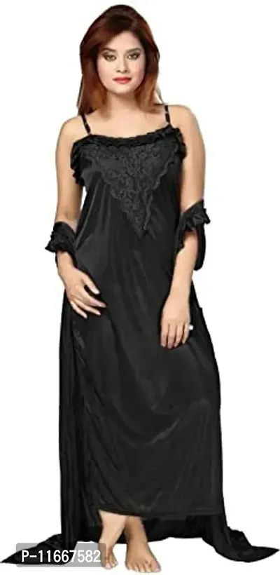 Cotovia Women's Satin Solid Nightwear Set Pack of 2 (BUF-NIGHTY-325_Magenta_Free Size) (Free Size, Black)-thumb5