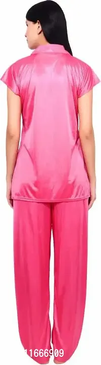 Cotovia Women's Plain Satin Night Suit (Shirt and Pyjama) (Color Options) (Free Size) (Free Size, Pink)-thumb3