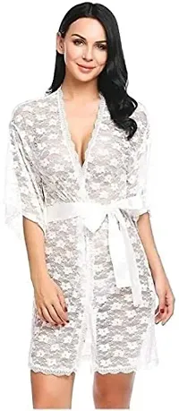 Cotovia Womens Babydoll Lace Net Robe Lingerie Nightwear Dress (Free Size, White)-thumb3