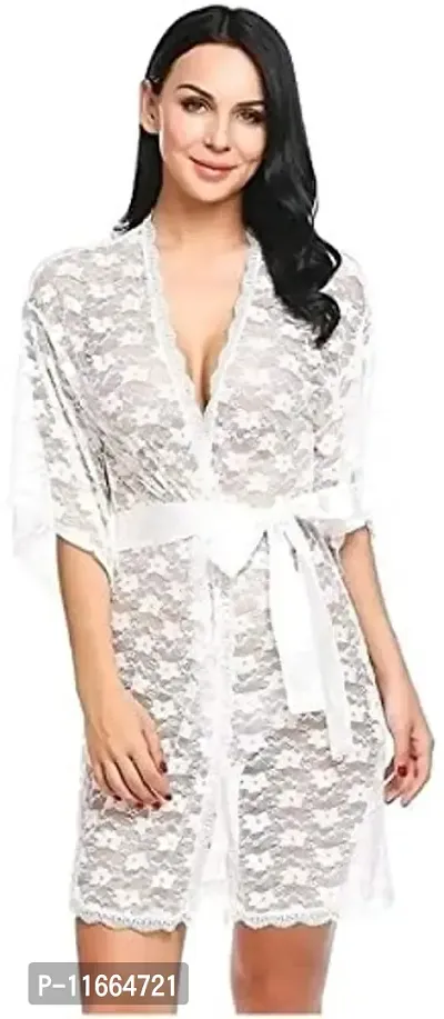 Cotovia Womens Babydoll Lace Net Robe Lingerie Nightwear Dress (Free Size, White)-thumb4