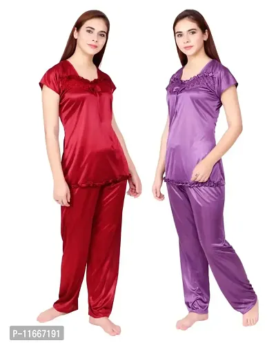 Cotovia Women's Satin Night Suit Combo Set (Medium, Purple and Maroon)-thumb3