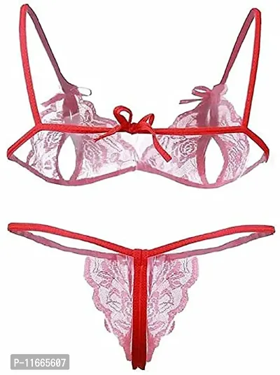 Cotovia Bra & Panty Set Self Design Lingerie Set (Free Size, Red)-thumb2