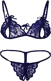 Cotovia Combo Offer! Women Babydoll Nightwear Lace Bra Panty Lingerie Set (Free Size, Dark Blue, Red)-thumb1