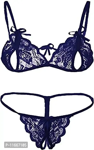 Cotovia Combo Offer! Women Babydoll Nightwear Lace Bra Panty Lingerie Set (Free Size, Dark Blue, Red)-thumb2