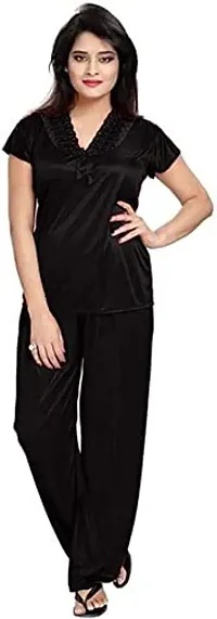 Cotovia Women's Satin Plain/Solid Nightwear Set Pack of 4 (Free Size, Black)-thumb2