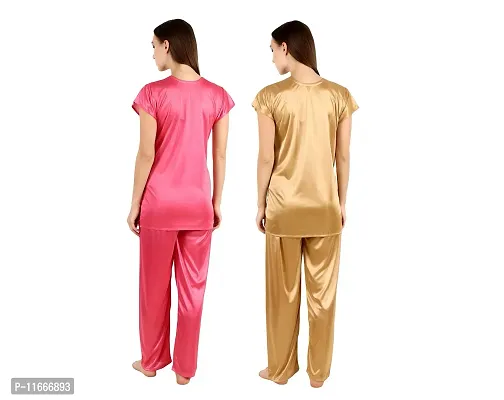 Cotovia Women's Satin Solid Top And Pajama Set Night Dress Pack Of 2 (C-PS-COMBO_Green, Gold And Pink_Free Size)-thumb3