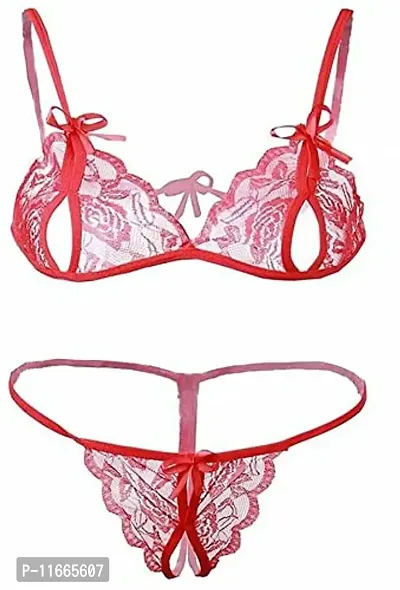 Cotovia Bra & Panty Set Self Design Lingerie Set (Free Size, Red)