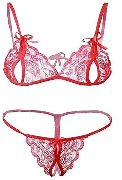 Cotovia Bra & Panty Set Self Design Lingerie Set (Free Size, Red)