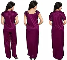 Cotovia Women's Satin Plain/Solid Nightwear Set Pack of 4 (Free Size, Vine)-thumb3