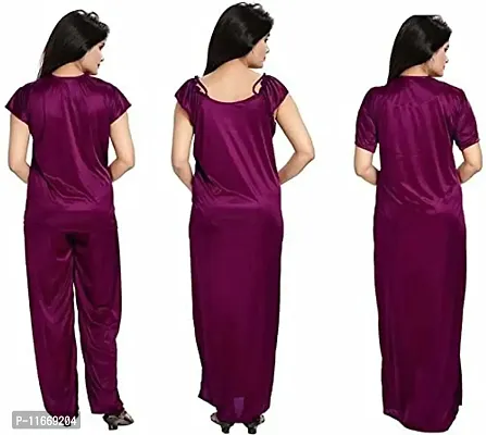 Cotovia Women's Satin Plain/Solid Nightwear Set Pack of 4 (Free Size, Vine)-thumb4