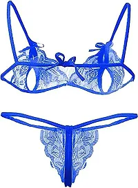 Cotovia Bra & Panty Set Self Design Lingerie Set (Free Size, Royale Blue)-thumb1
