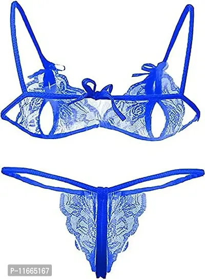 Cotovia Bra & Panty Set Self Design Lingerie Set (Free Size, Royale Blue)-thumb2
