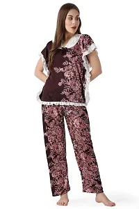 Cotovia Women's Cotton Dot Printed Night Suit Set of Top & Pyjama (Free Size, Brown)-thumb2