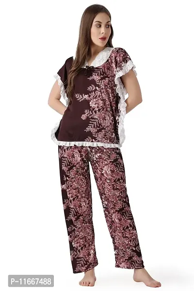 Cotovia Women's Cotton Dot Printed Night Suit Set of Top & Pyjama (Free Size, Brown)-thumb3