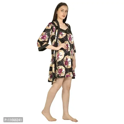 Cotovia Women's Stylish Digital Print Short Floral Print Night Robe 1 Piece Nightwear - Free Size Nighty (Large, Yellow)-thumb5