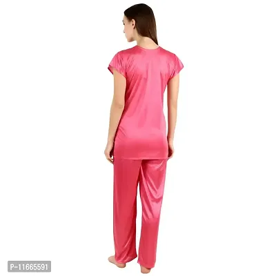 Cotovia Stylish Satin Solid Top and Pajama Set for Women and Girls (Medium, Pink)-thumb2