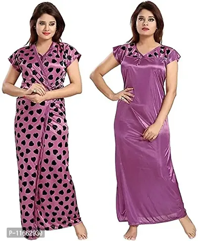 Cotovia Women's Satin Solid Nightwear Set Pack of 2 (BUF-NIGHTY-325_Magenta_Free Size) (Free Size, Purple)-thumb0